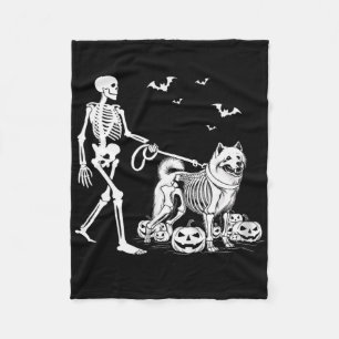 Halloween Skeleton Walking Samoyed Dog Fleece Blanket