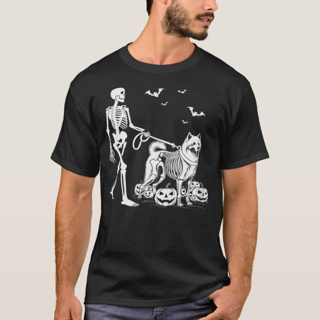 Halloween Skeleton Walking Samoyed Dog T-Shirt (Front)