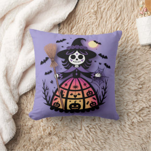 Halloween Skeleton Witch Throw Pillow