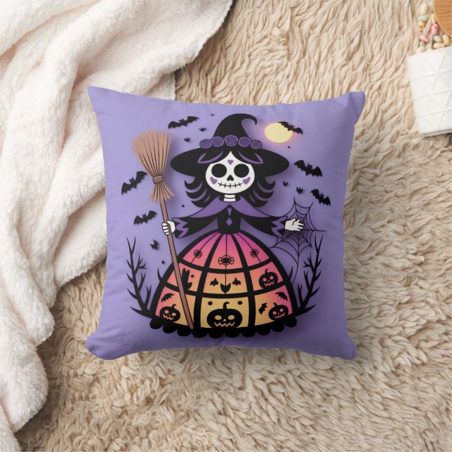 Halloween Skeleton Witch Throw Pillow (Blanket)