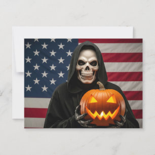Halloween skeleton with carved pumpkin postcard