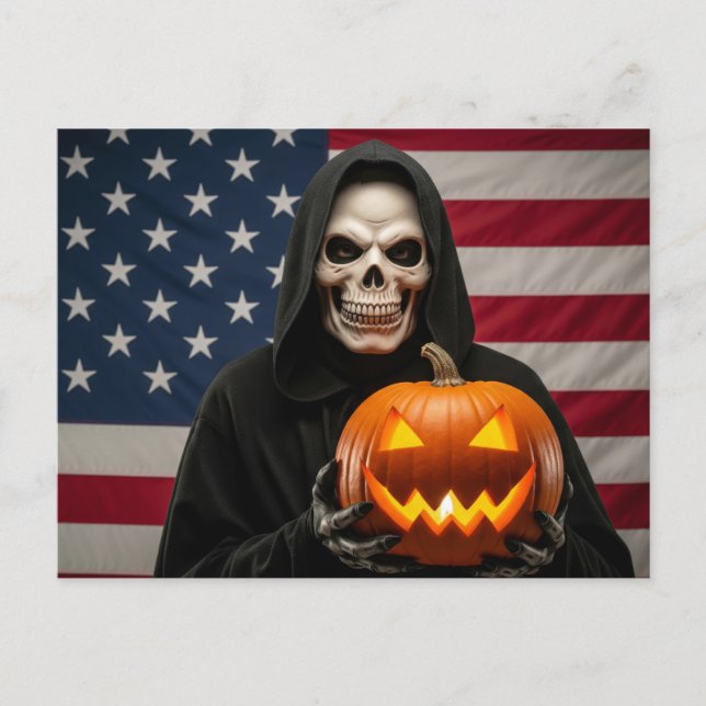 Halloween skeleton with carved pumpkin postcard (Front)