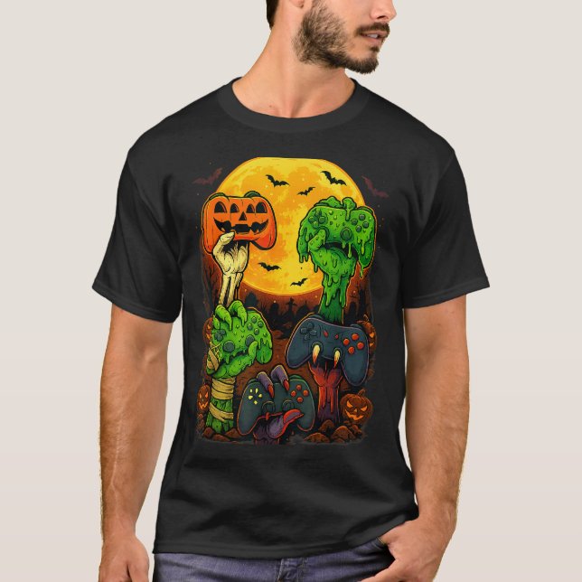 Halloween Skeleton Zombie Mummy Gaming Controller  T-Shirt (Front)