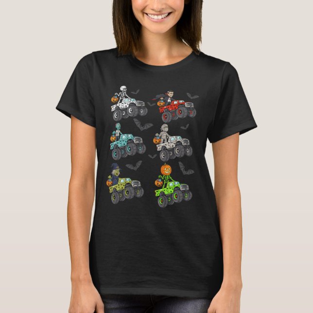 Halloween Skeleton Zombie Riding Monster Truck Vam T-Shirt (Front)