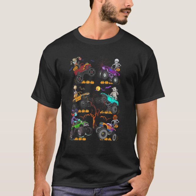Halloween Skeleton Zombie Riding Monster Truck Vam T-Shirt (Front)