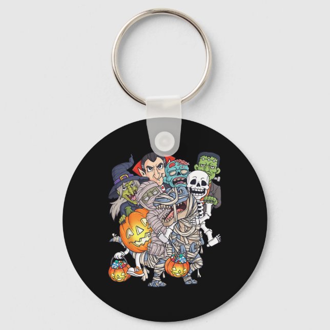 Halloween Skeleton Zombie Riding Mummy T Rex Funny Keychain (Front)