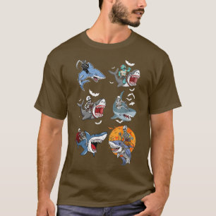 Halloween Skeleton Zombie Riding Shark Mummy Vampi T-Shirt