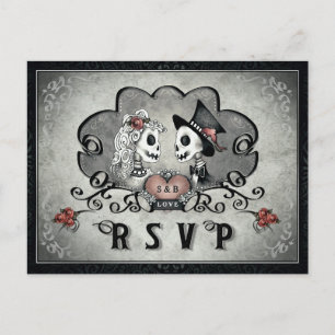 Halloween Skeletons Black Grey & Red Heart RSVP Invitation Postcard