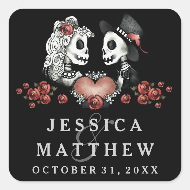 Halloween Skeletons Black & White Names Wedding Square Sticker (Front)
