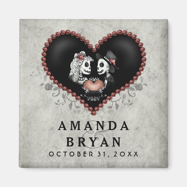 Halloween Skeletons Grey Black Heart Save the Date Magnet (Front)