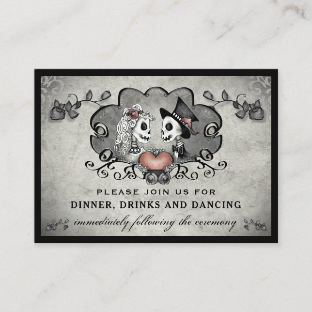 Halloween Skeletons & Heart Black Grey Reception Enclosure Card (Front)