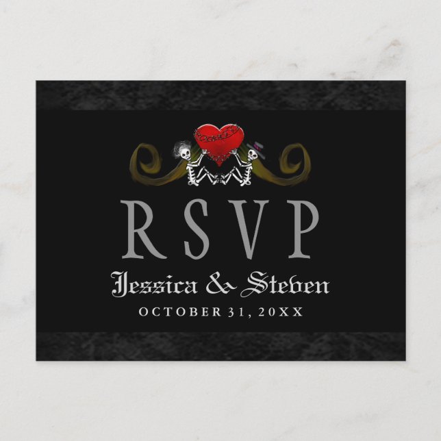 Halloween Skeletons & Heart Matching Wedding RSVP Invitation Postcard (Front)