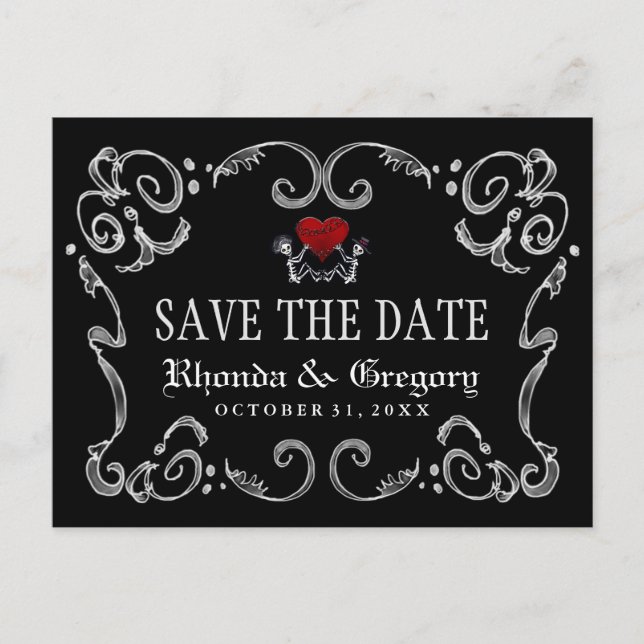 Halloween Skeletons Heart PHOTO on Back Save Date Announcement Postcard (Front)