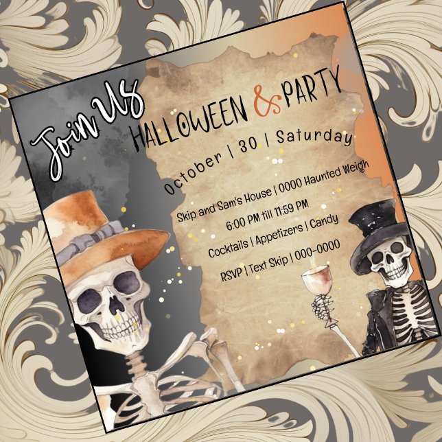 Halloween Skeletons In Hats For Spooky Season Invitation (Two fun skeletons in top hats with Halloween libations on customizable party invitations
)