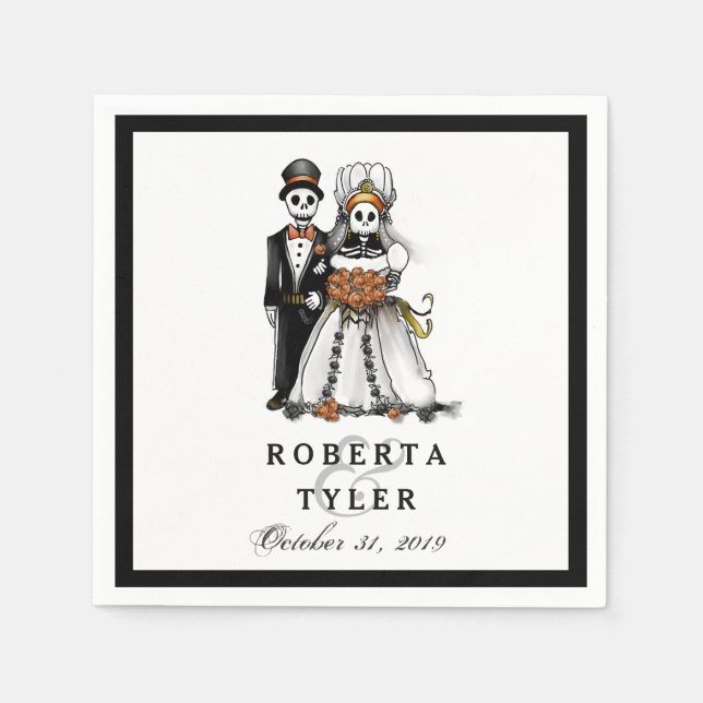 Halloween Skeletons Orange Names Wedding Napkins (Front)