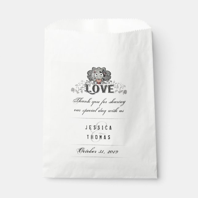 Halloween Skeletons Red Heart LOVE Wedding Names Favour Bag (Front)