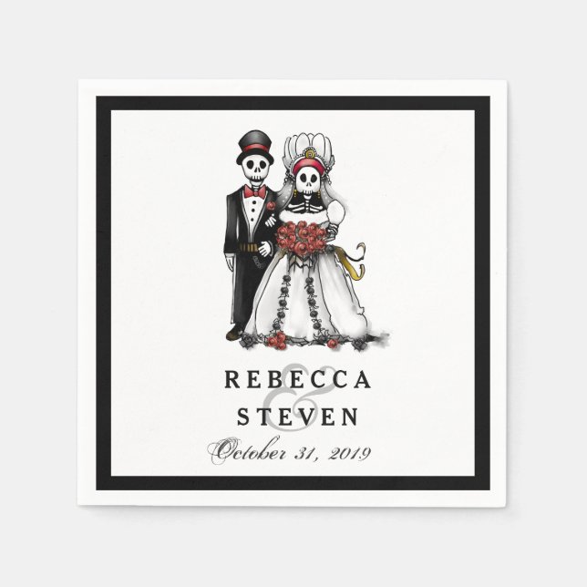 Halloween Skeletons Red Names Wedding Napkins (Front)