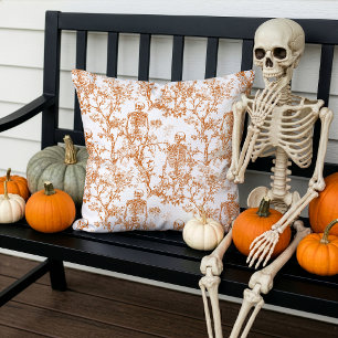 Halloween Skeletons Toile de Jouy Orange White Outdoor Pillow