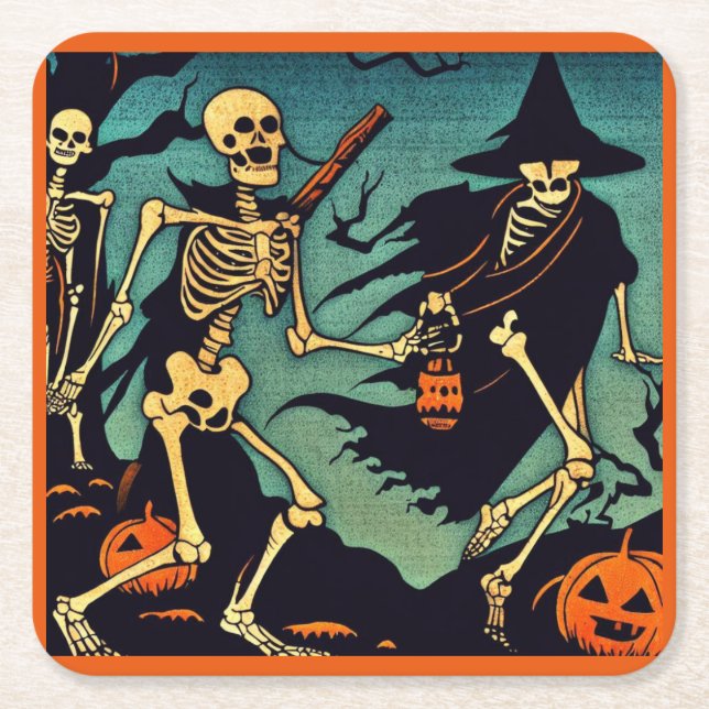 Halloween - Skeletons Woodcut 2 Square Paper Coaster (Front)