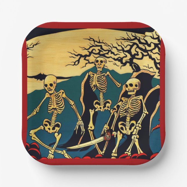 Halloween - Skeletons Woodcut 4 Paper Plate (Front)