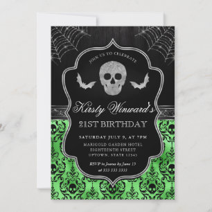 Halloween Skull and Bat Damask 21st Birthday Invitation