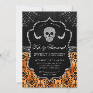 Halloween Skull and Bat Damask Sweet 16 Invitation