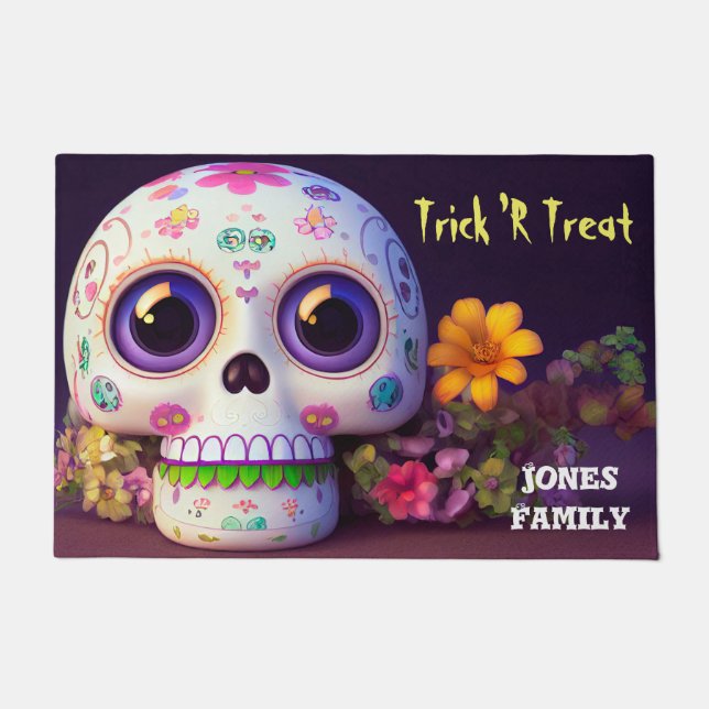 Halloween Skull And Flowers Doormat (Front)