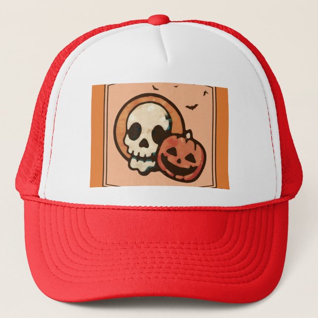 Halloween Skull and Jack O Lantern Trucker Hat (Front)