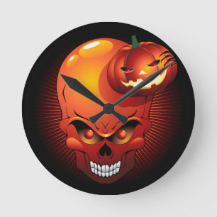 Halloween Skull and Pumpkin Round Clock