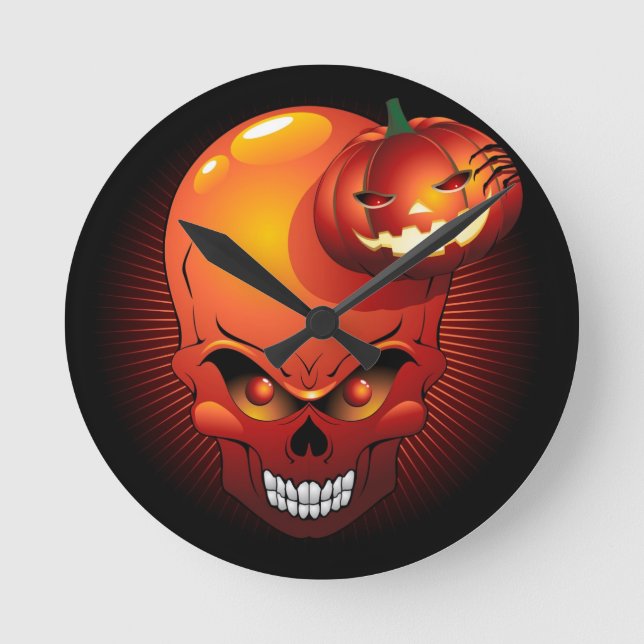 Halloween Skull and Pumpkin Wall Clock (Front)