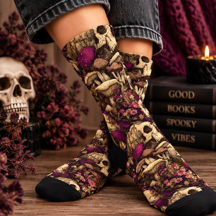 Halloween Skull and Purple Mushrooms Socks