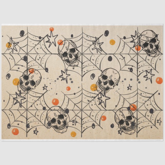 Halloween Skull and Spider Web Orange Dot Pattern Tissue Paper (Front)