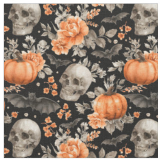 Halloween Skull Bats And Flowers Black Fabric