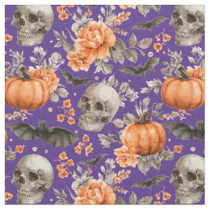 Halloween Skull Bats And Flowers Purple Fabric