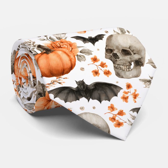 Halloween Skull Bats and Flowers Tie (Rolled)