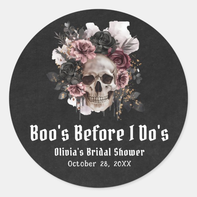 Halloween Skull Boo's Before I Do's Bridal Shower Classic Round Sticker (Front)