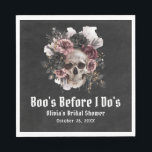Halloween Skull Boo's Before I Do's Bridal Shower Napkin<br><div class="desc">These Halloween-themed bridal shower napkins are a fun, elegant, and spooky addition to any celebration. Featuring a stylish skull design adorned with dark flowers, they perfectly capture the playful spirit of "Boo's Before I Do's." The combination of black, dark purple, and white, accented with pops of pink or gold, brings...</div>