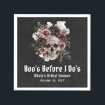 Halloween Skull Boo's Before I Do's Bridal Shower Napkin<br><div class="desc">These Halloween-themed bridal shower napkins are a fun, elegant, and spooky addition to any celebration. Featuring a stylish skull design adorned with dark flowers, they perfectly capture the playful spirit of "Boo's Before I Do's." The combination of black, dark purple, and white, accented with pops of pink or gold, brings...</div>
