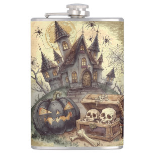 Halloween ,Skull Guardian ,Scary Spooky, vintage  Hip Flask
