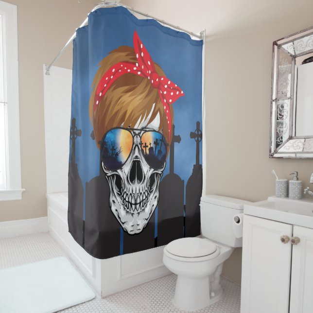 Halloween Skull in Night Graveyard Shower Curtain (In Situ)