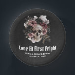 Halloween Skull Love At First Fright Bridal Shower Paper Plate<br><div class="desc">These paper plates feature a spooky yet romantic design with intertwined skulls and the phrase "Love At First Fright, " perfect for setting the tone at a Halloween-themed bridal shower. Made from durable, disposable material, they offer both style and convenience. Ideal for serving treats, these plates bring a unique blend...</div>