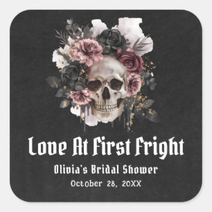Halloween Skull Love At First Fright Bridal Shower Square Sticker