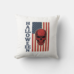 Halloween Skull Patriotic Vintage Scary Flag_1 Throw Pillow