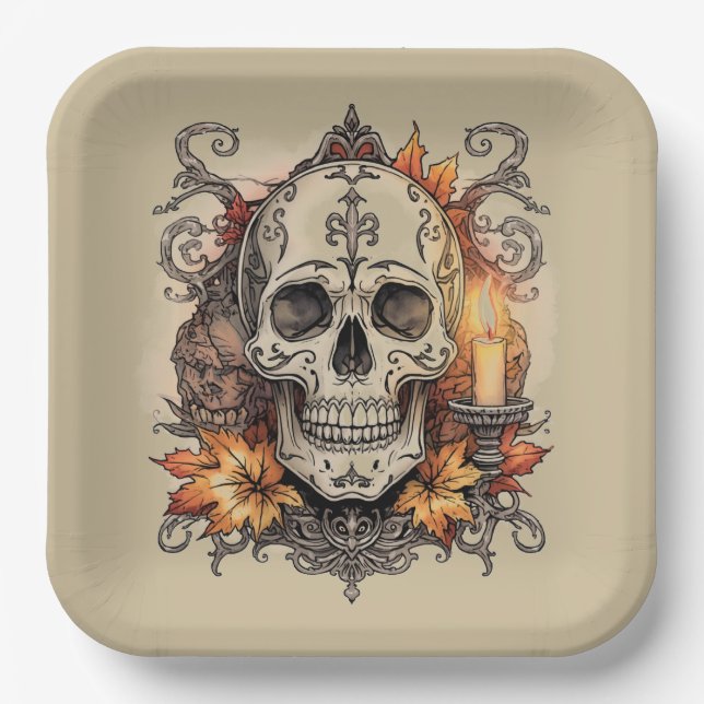 Halloween,Skull Pattern, Candlelight Calavera, Paper Plate (Front)