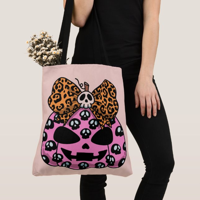 Halloween, Skull Pattern, Face Pumpkin Tote Bag (Close Up)