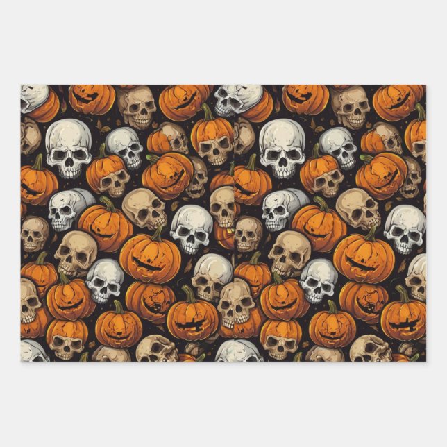 Halloween skull pumpkin wrapping paper flat sheet (Front)