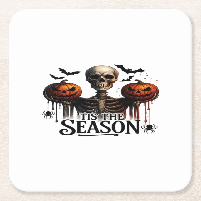 Halloween Skull Skeleton Square Paper Coaster (Front)