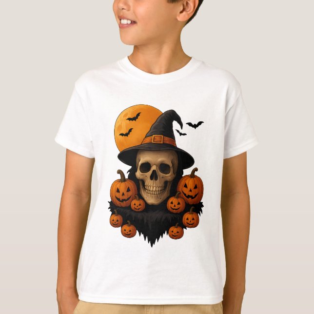 Halloween Skull With Pumpkins and Witch Hat T-Shir T-Shirt (Front)