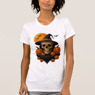 Halloween Skull With Pumpkins and Witch Hat T-Shir T-Shirt
