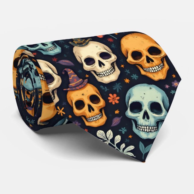Halloween Skulls and Flowers Tie (Rolled)